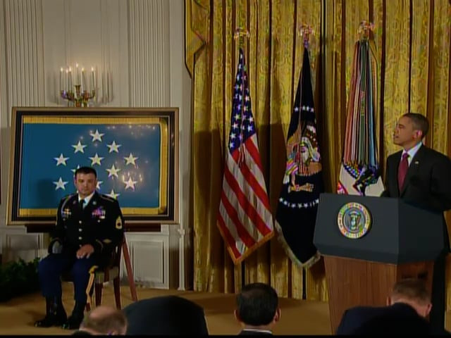 Medal of Honor recipients Army Sgt. 1st Class Leroy Arthur Petry, left, and  Marine Corps Sgt.