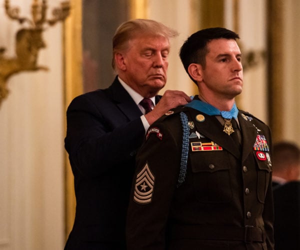 President Donald Trump presents the Medal of Honor to Thomas P. Payne.
