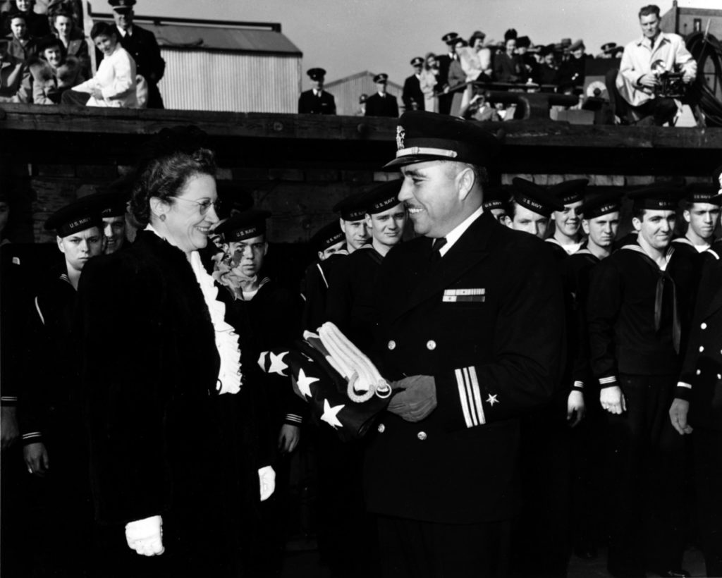 Ernest Evans at commissioning of USS Johnston (DD-557). Source: Navy Photo NH 63499