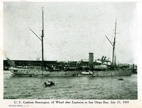 Postcard of the USS Bennington partially sunk after the boiler explosion on July 21, 1905. Courtesy of the Naval History and Heritage Command. 